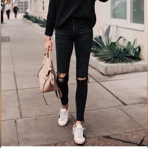 Free People Black Distressed High Rise Raw Hem Skinny Jeans